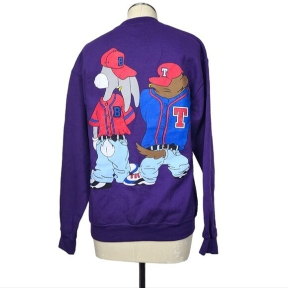Looney Tunes Bugs Bunny Tasmanian Devil Baseball Purple Crewneck Vintage Sweater - Picture 5 of 8